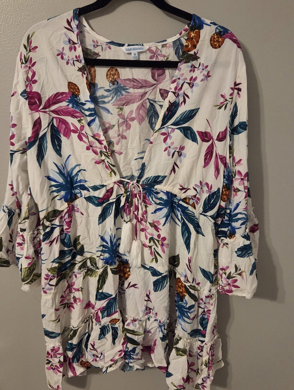 Blue Island L  Ruffle Sleeve Drawstring Cover Up Dress White Embroidery SWIM